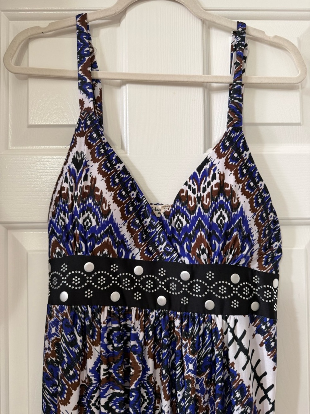 Studio West Blue, White & Brown Printed Maxi Dress-Skirt with Studded Waist
